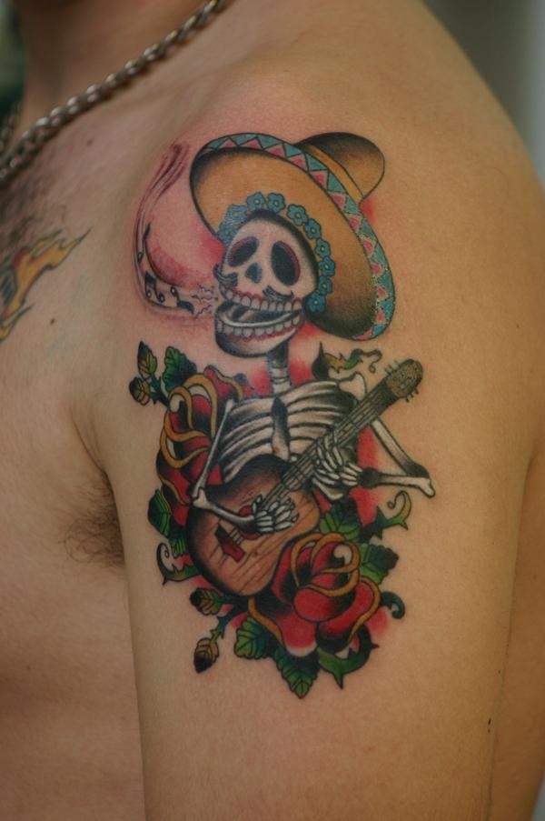 Mexican Skeleton Playing Guitar Tattoo