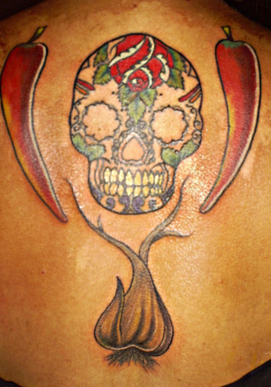 Mexican Skull And Chilly Tattoos On Upper Back