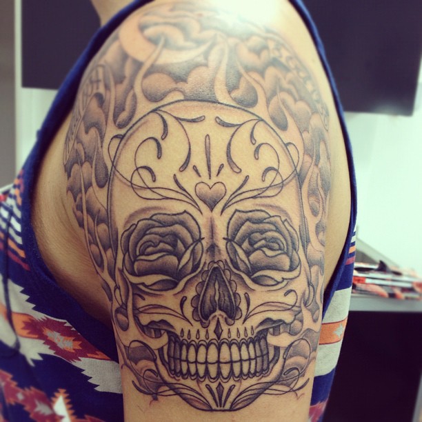 Mexican Skull Tattoo On Left Shoulder