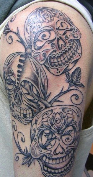 Mexican Skull Tattoos On Left Half Sleeve