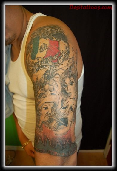 Mexican Tattoos On Man Left Half Sleeve