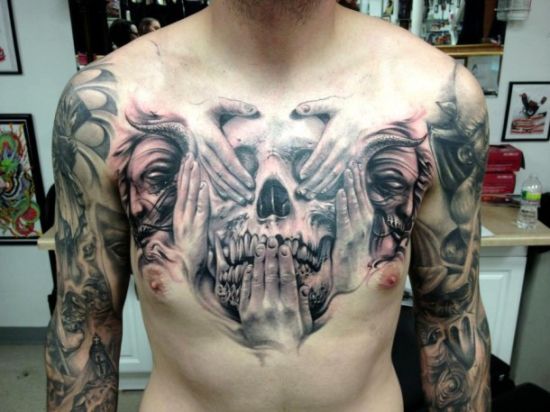 Nice Black And Grey Mexican Tattoo On Chest