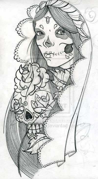Outline Mexican Skull Girl Tattoo Design