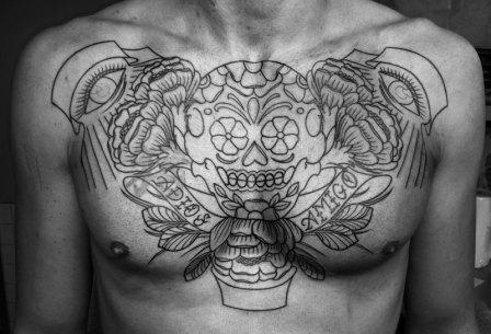 Outline Mexican Sugar Skull Tattoo on Chest For Men