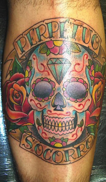 Perpetuo Banner And Mexican Skull Tattoo On Leg