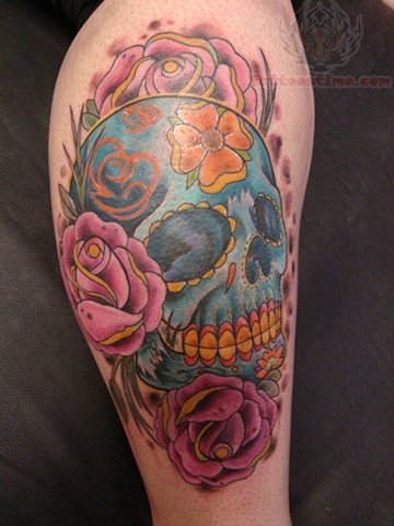 Pink Rose Flowers And Blue Mexican Skull Tattoo On Shoulder