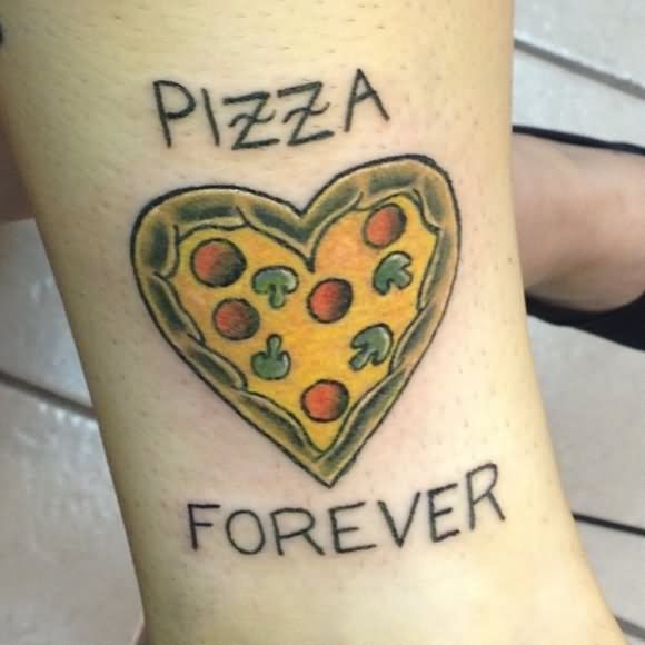 Pizza Forever - Heart Shape Pizza Tattoo Design For Leg