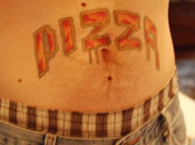 Pizza Lettering Tattoo On Stomach