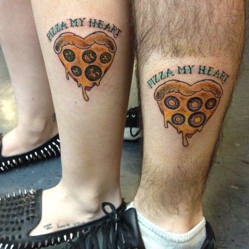 Pizza My Heart - Pizza Slice Tattoo On Couple Leg