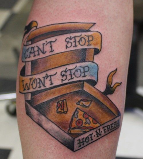 Pizza Piece In Box With Banner Tattoo Design For Leg Calf