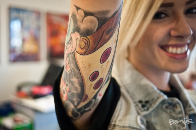 Pizza Piece Tattoo On Girl Right Half Sleeve