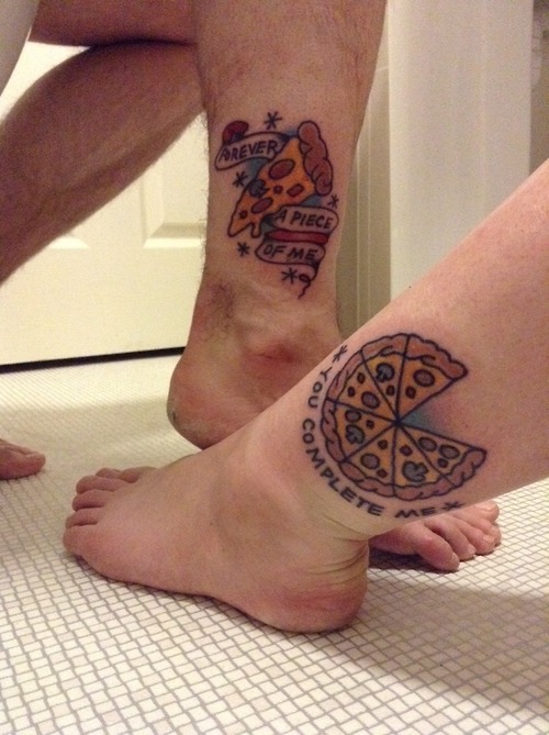 Pizza Tattoo On Couple Leg