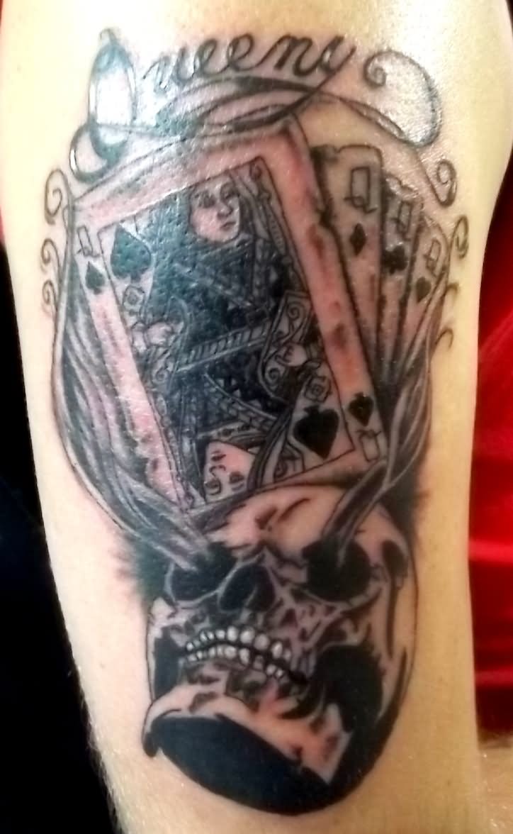 Playing Cards And Gambling Skull Tattoo On Half Sleeve