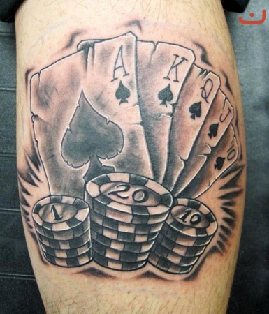Playing Cards And Poker Casino Chips Tattoo On Back Leg