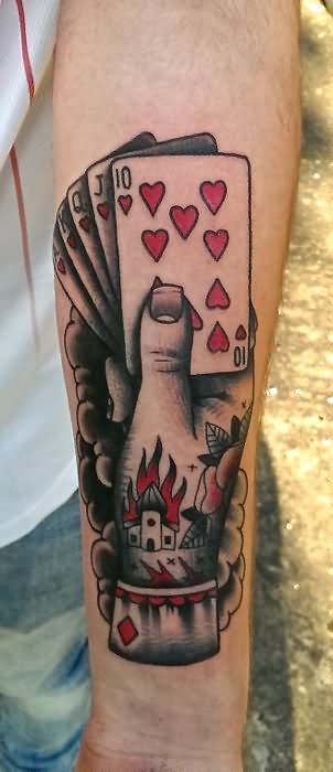 Playing Cards In Hands Gambling Tattoo On Left Forearm