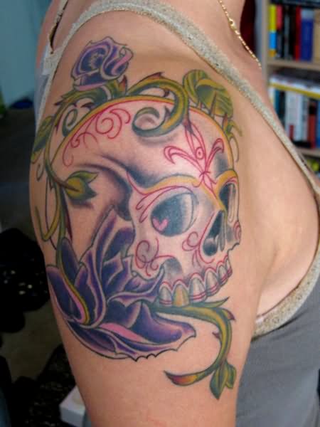 Purple Rose And Mexican Skull Tattoo On Right Shoulder