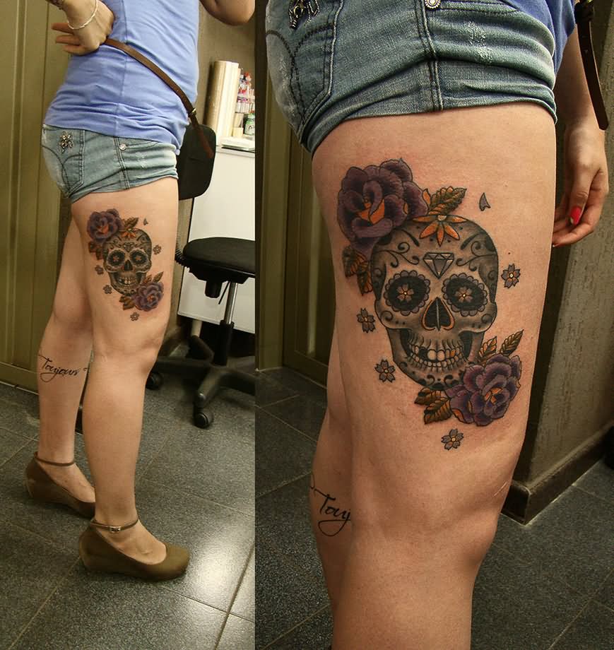 Purple Rose And Mexican Skull Tattoo On Side Thigh