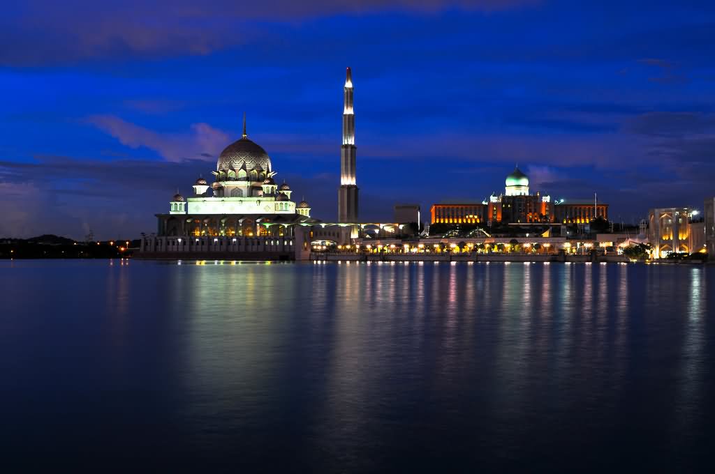 Putra Mosque With Prime Minister Office At The Background Night View