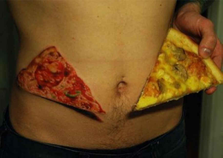 Realistic 3D Pizza Piece Tattoo On Stomach