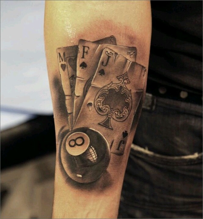 Realistic Eightball And Playing Cards Tattoo On Sleeve