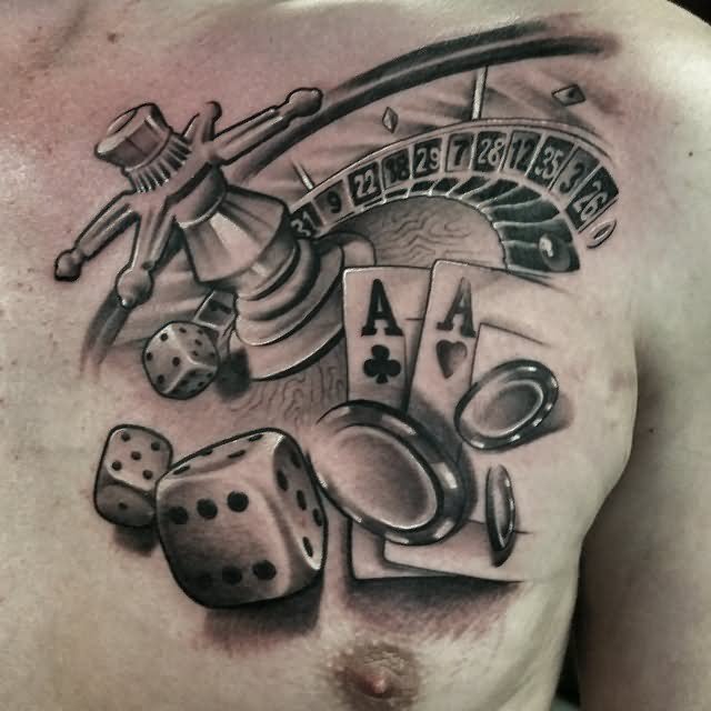 Realistic Grey Casino Chips Tattoo On Chest by Gerrit Bekman
