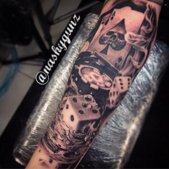 Realistic Grey Casino Chips Tattoo On Forearm