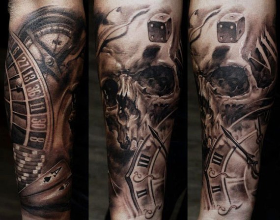 Realistic Grey Clock And Gambling Skull Tattoo On Sleeve