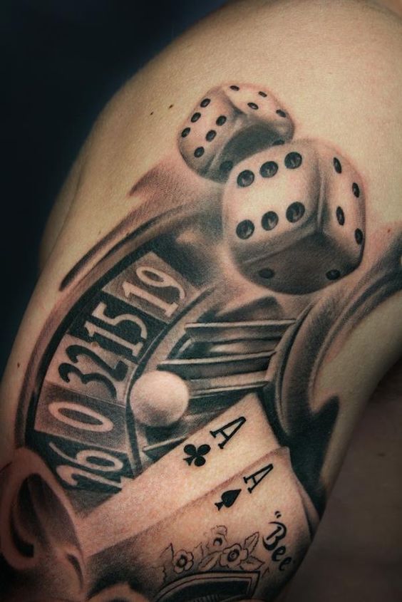 Realistic Grey Gambling Tattoo On Sleeve