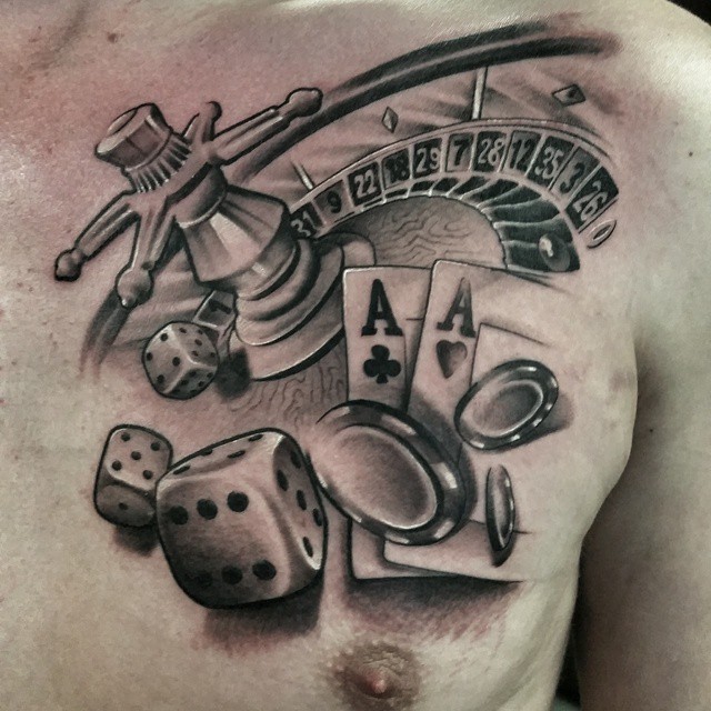 Realistic Grey Gambling Tattoo on Chest by Gerrit Bekman