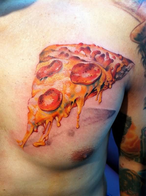 Realistic Melting Pizza Piece Tattoo On Man Chest