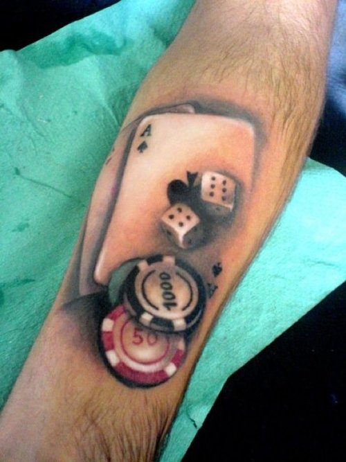 Realistic Playing Cards And Casino Chips Tattoo On Forearm by Soma Sekhar