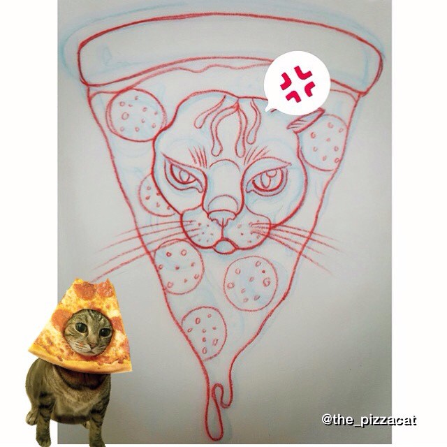 Red Outline Cat Face In Pizza Tattoo Stencil