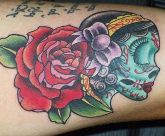 Red Rose And Mexican Girl Head Tattoo
