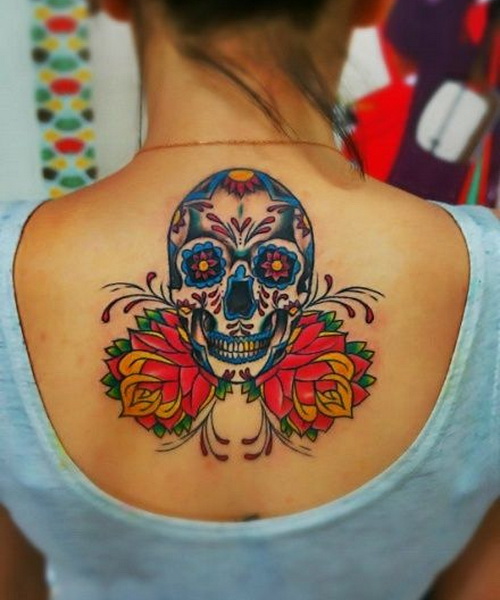 Red Rose And Mexican Skull Tattoo On Upper Back