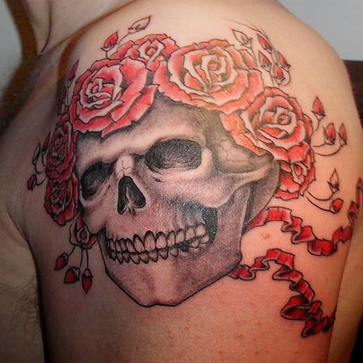 Red Roses And Skull Mexican Tattoo On Left Shoulder