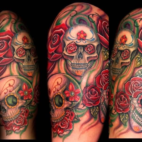 Red Roses Mexican Skull Tattoo On Half Sleeve