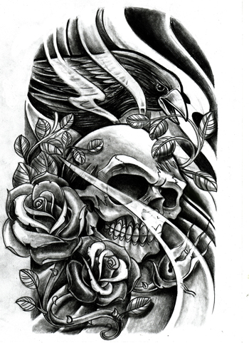 Rose Flowers And Gambling Skull Tattoo Design