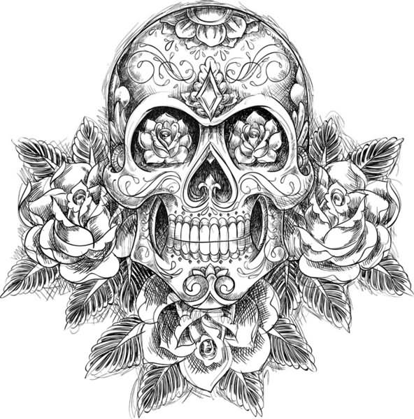 Rose Flowers And Mexican Skull Tattoo Design