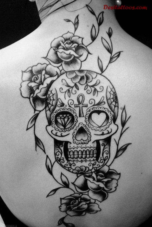 Rose Flowers And Mexican Sugar Skull Tattoo On Upper Back