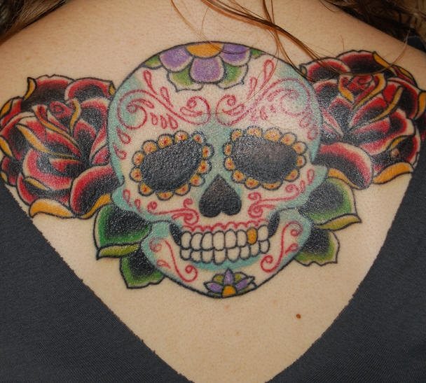 Rose Flowers and Sugar Skull Mexican Tattoo On Upper Back