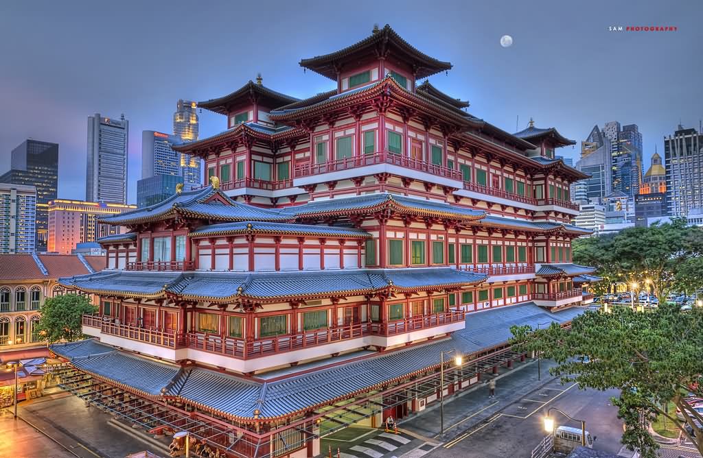 Side View Of Buddha Tooth Relic Temple At Night
