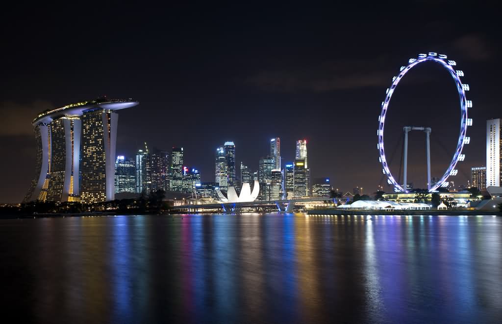 Singapore Flyer And Marina Bay Sands Night View