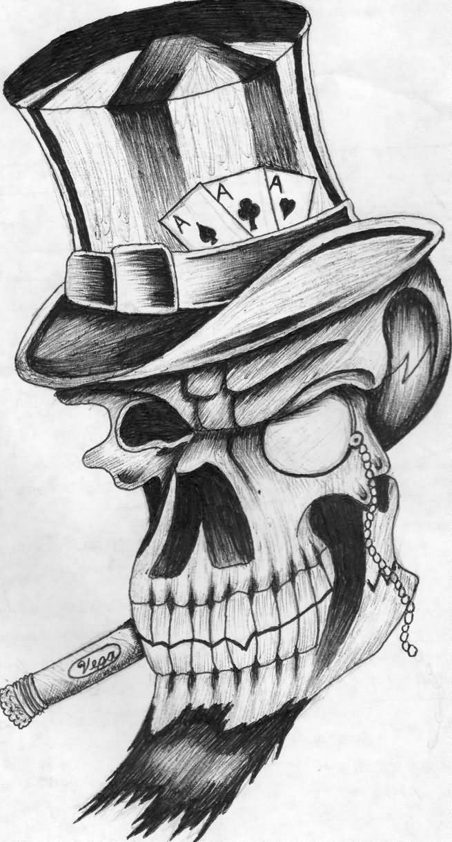 Smoking Gambler Skull Tattoo Design