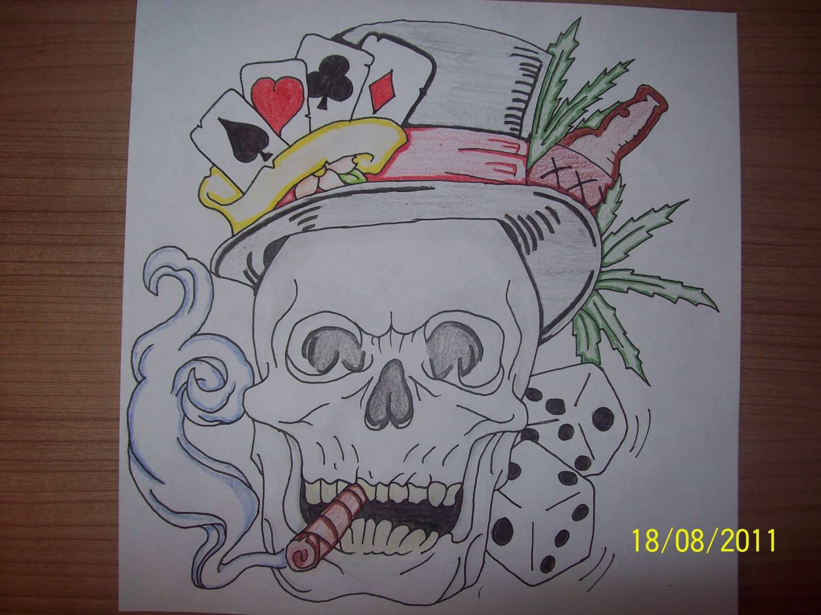 Smoking Skull Gambling Tattoo Design