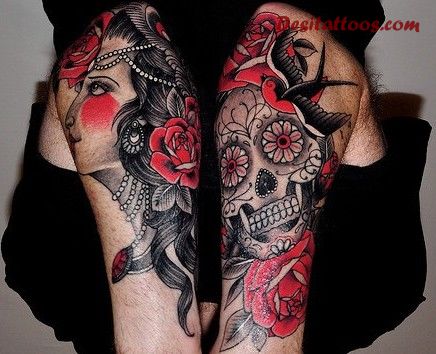 Sugar Skull Flowers Mexican Tattoo On Half Sleeve