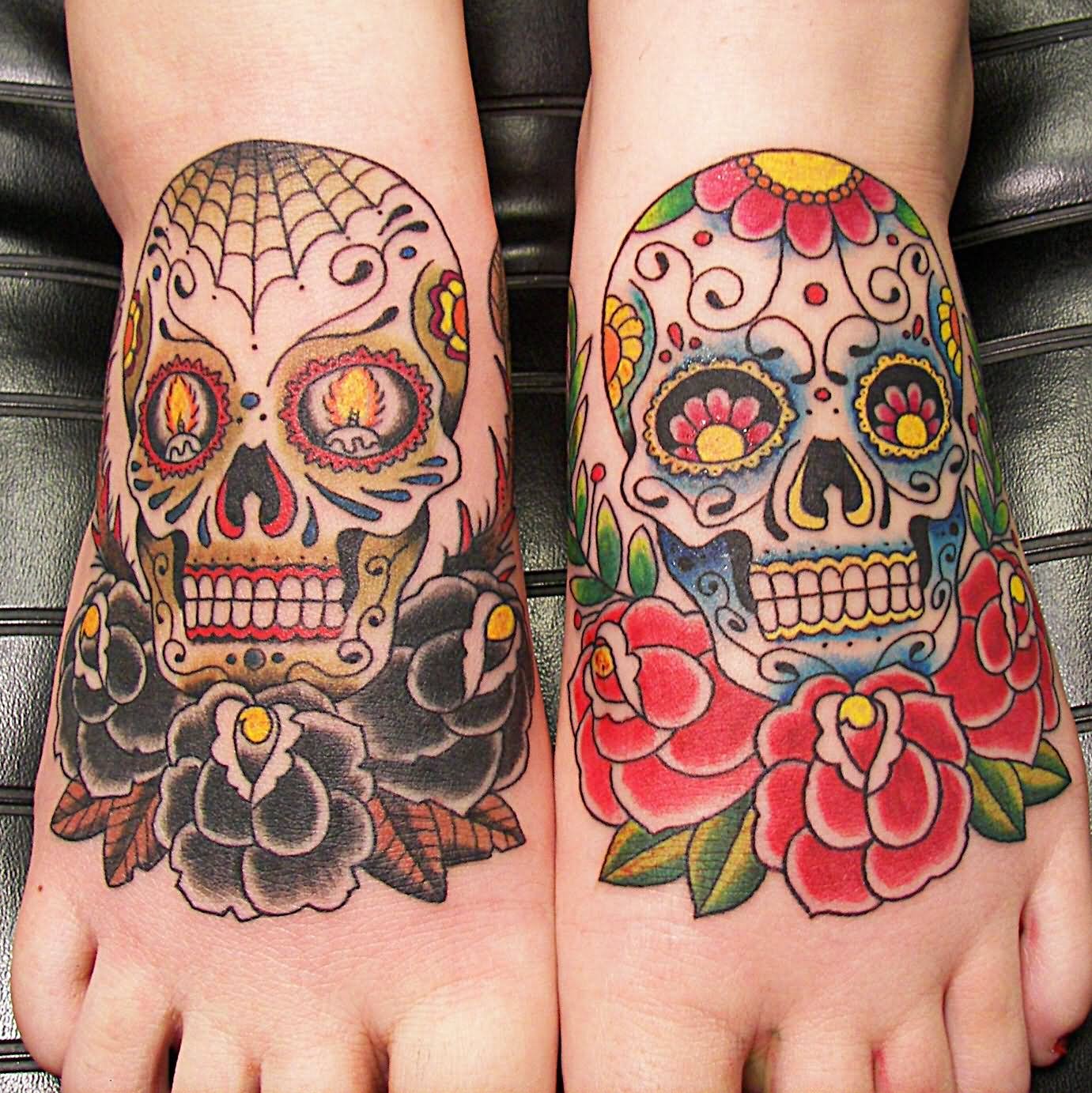 Sugar Skulls And Roses Mexican Tattoos On Feet