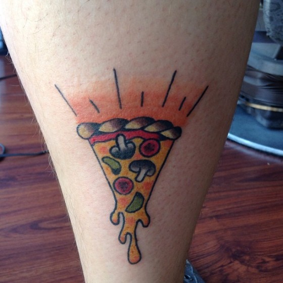 Traditional Melting Pizza Piece Tattoo Design For Leg