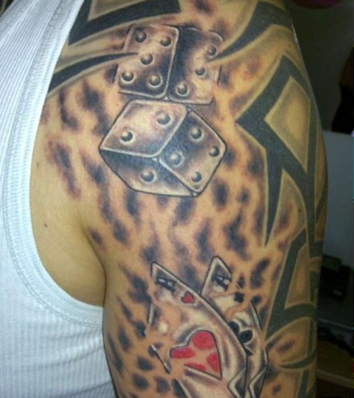 Tribal And Gambling Dice Tattoos On Right Shoulder