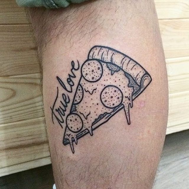 True Love - Black Outline Pizza Piece Tattoo Design For Leg Calf