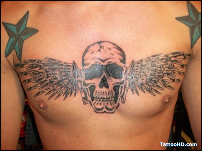 Winged Mexican Skull Tattoo On Chest